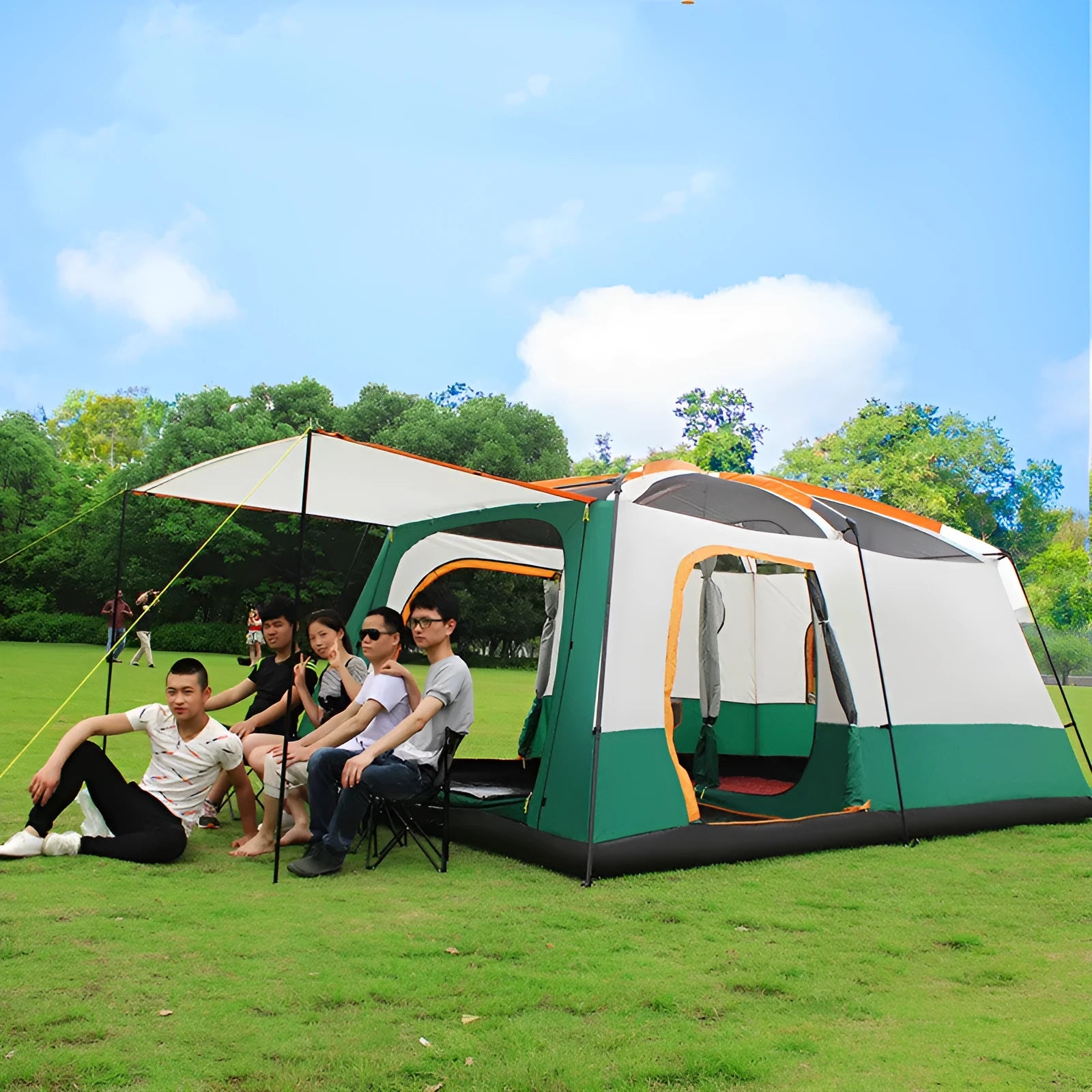 Multi-person double-layer steel pole camping tent 430x305x210cm dark green for 4-6 people