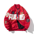 Black American Motorcycle Baseball Uniform jacket with removable hood, shown on a model.