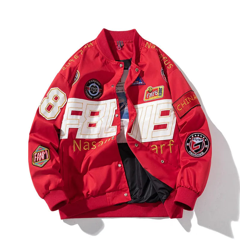 Black American Motorcycle Baseball Uniform jacket with removable hood, shown on a model.