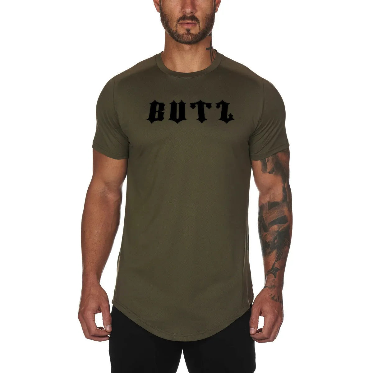 Plain men's fitness shirt in army green, made from cotton and spandex blend, shown on a hanger.