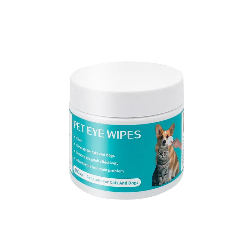 Canister of 100 disposable pet eye cleaning wipes with aloe vera and chamomile.