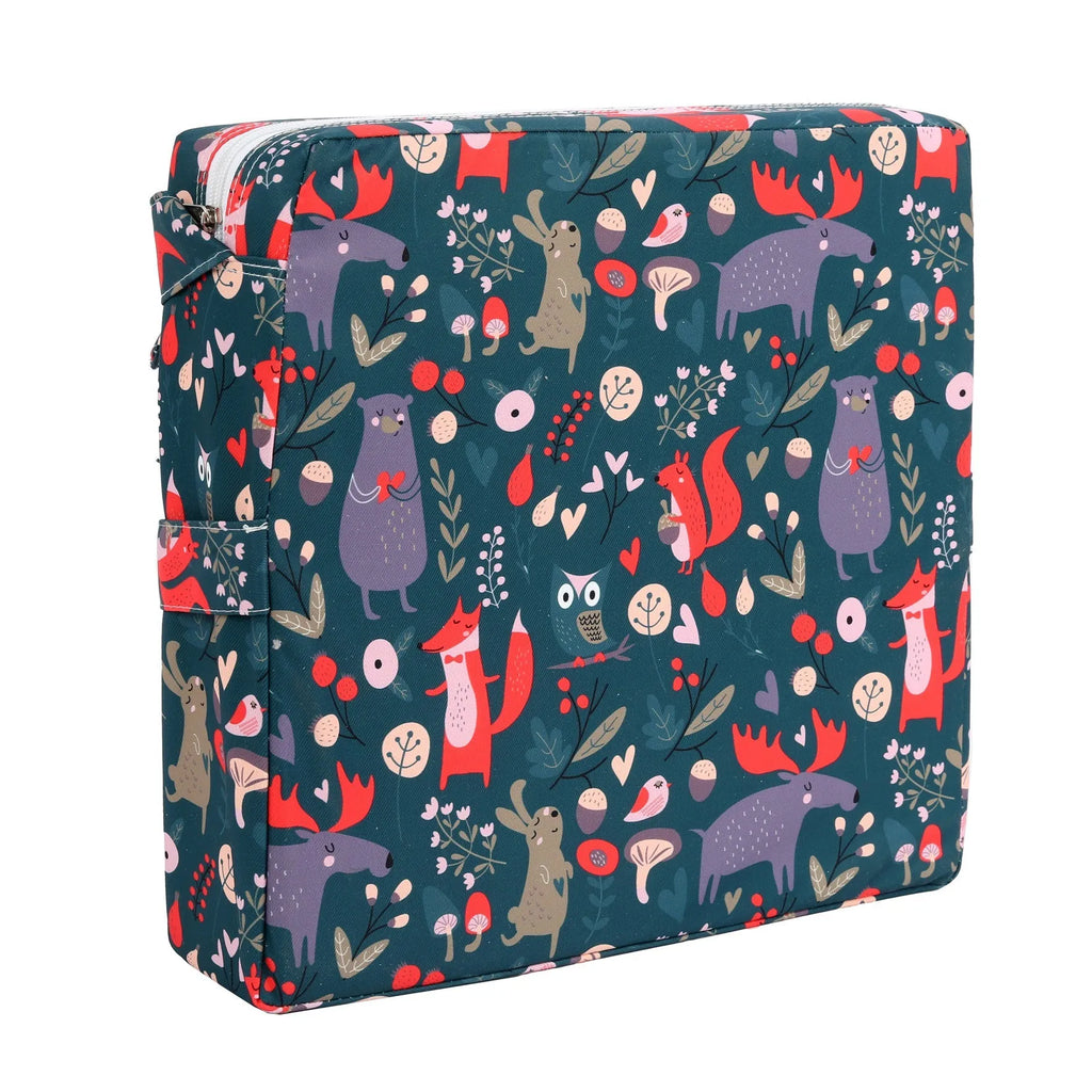 Children's portable dining chair booster seat with Happy Animals dark green background and seat cushion