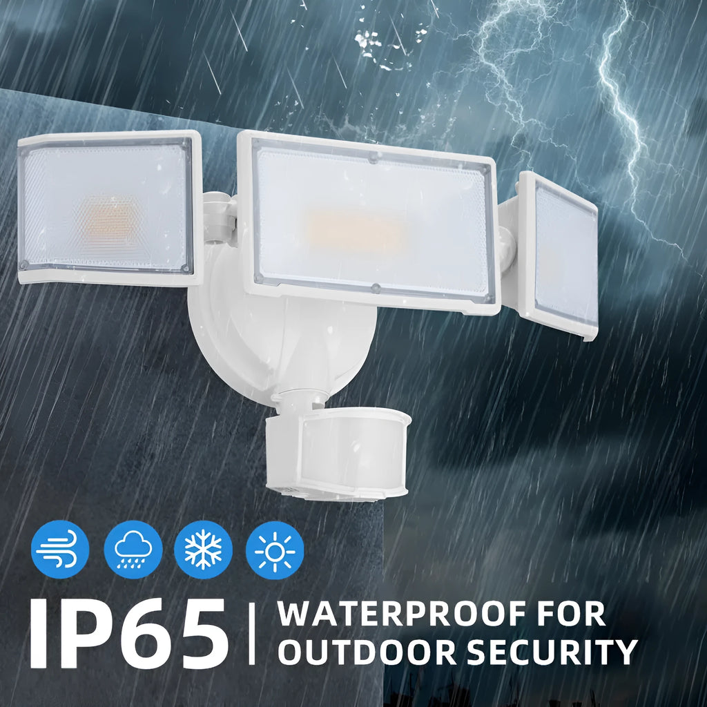 White and black versions of a 120V LED motion sensor security flood light for wall or ceiling mounting.