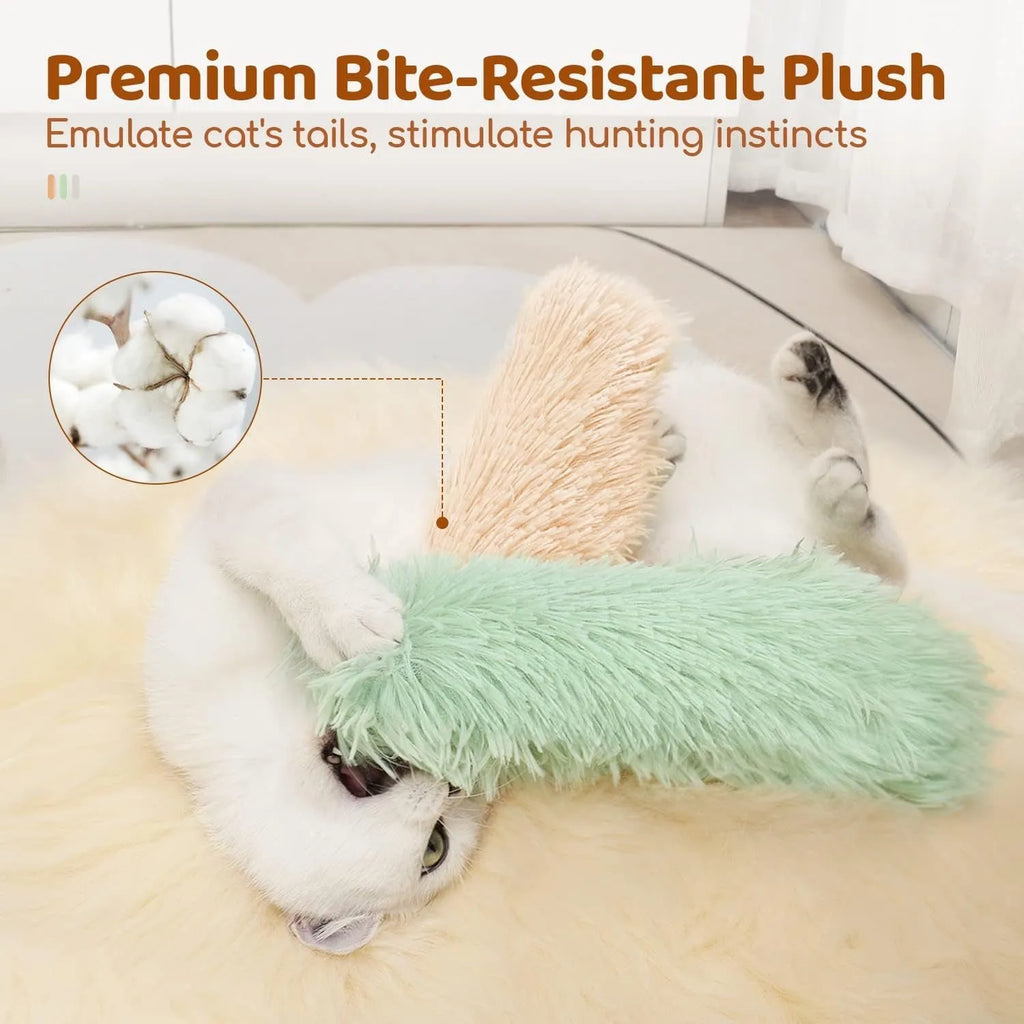 Soft plush cat toy pillow in green, white, blue, or pink, measuring 27x10 cm.