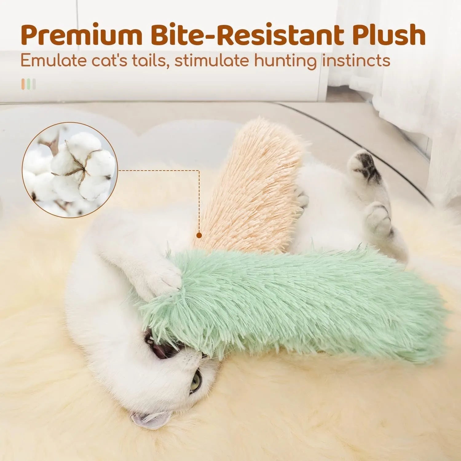Soft plush cat toy pillow in green, white, blue, or pink, measuring 27x10 cm.