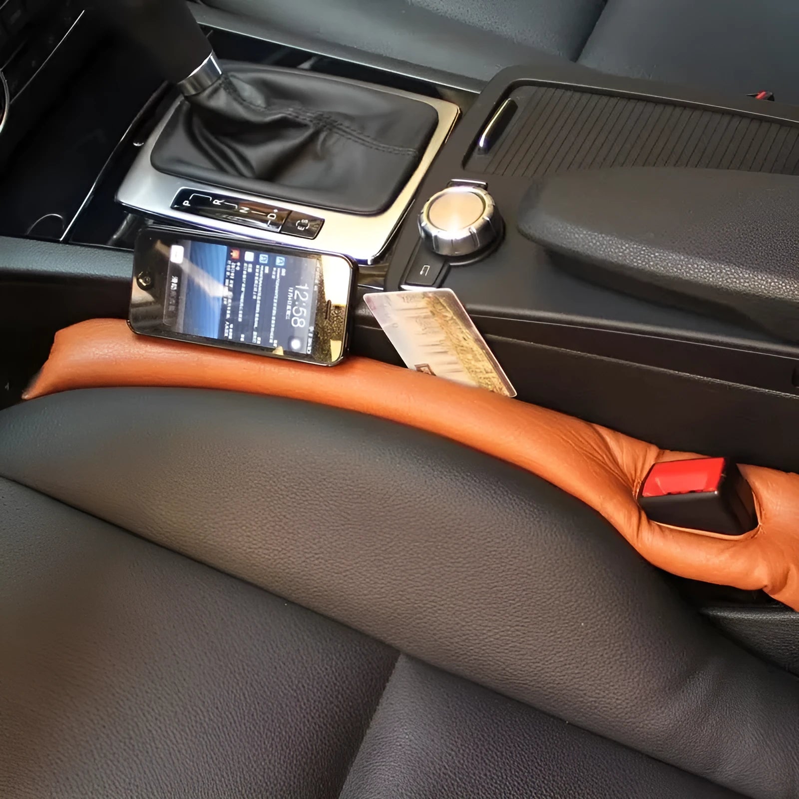 Leather-look PU car seat gap filler strip in black, beige, brown, and grey colours.