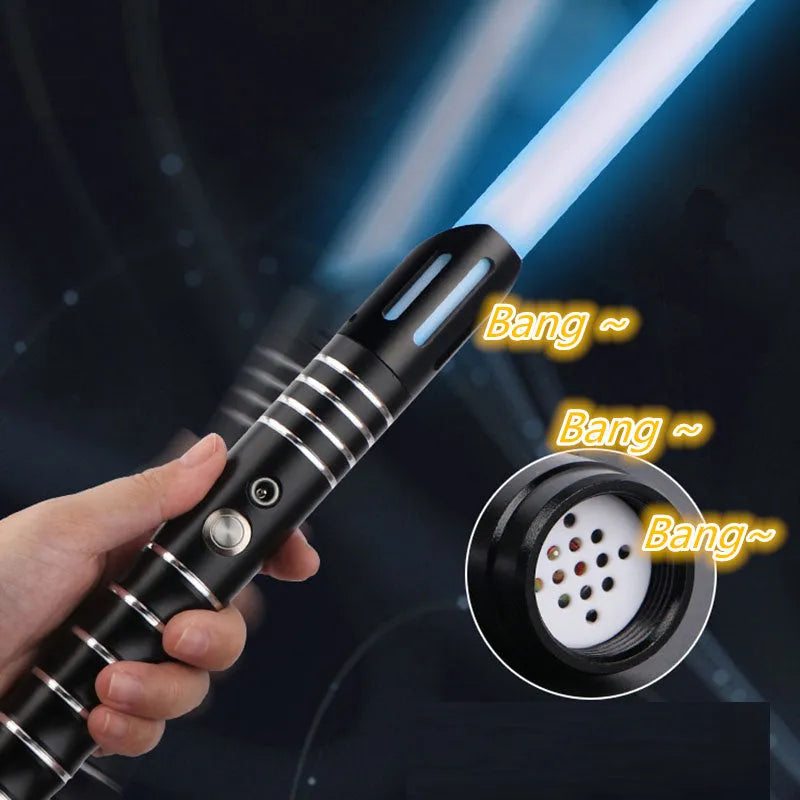 Two 2-in-1 RGB metal lightsabers connected with adapter showing ten-colour glow and metal hilt on blue background