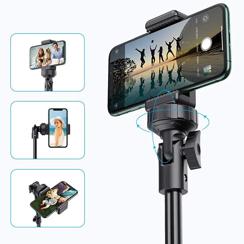 Black aluminium smartphone tripod with five-section legs folded to 45cm
