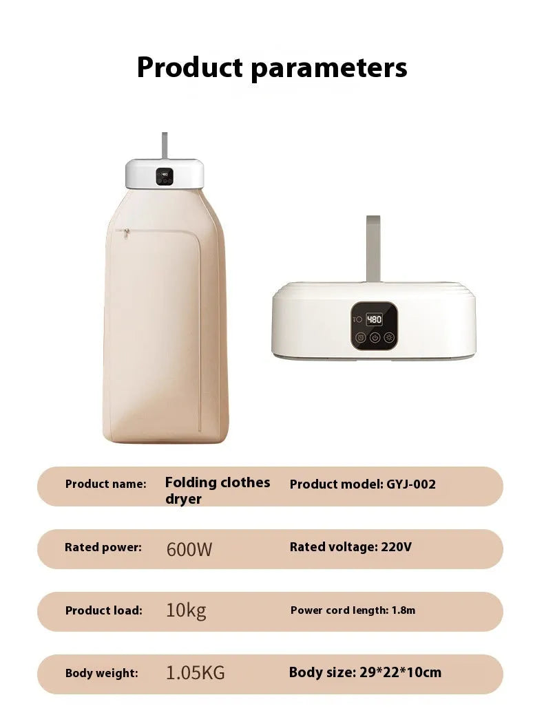 White cylindrical portable laundry drier dryer with remote control on a countertop.