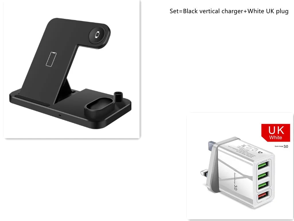 Black 4-in-1 wireless charging dock with phone on adjustable stand, Apple Watch, AirPods, and Apple Pencil charging simultaneously.