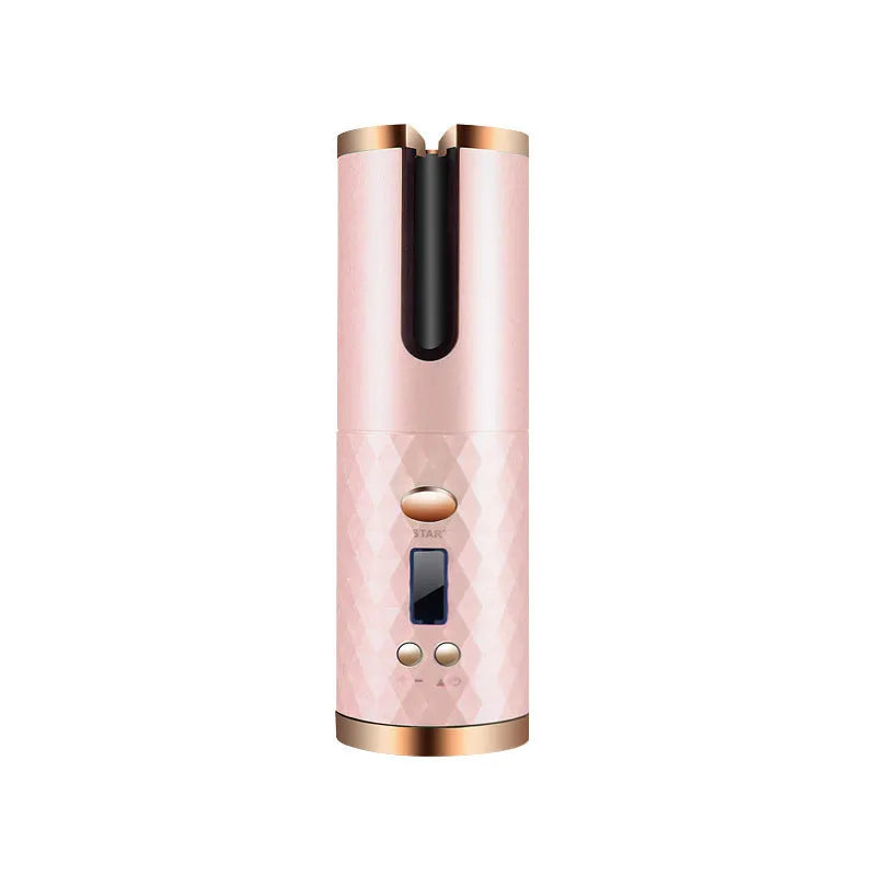 A white portable automatic wireless curling iron with a USB cable and a gold ceramic barrel.