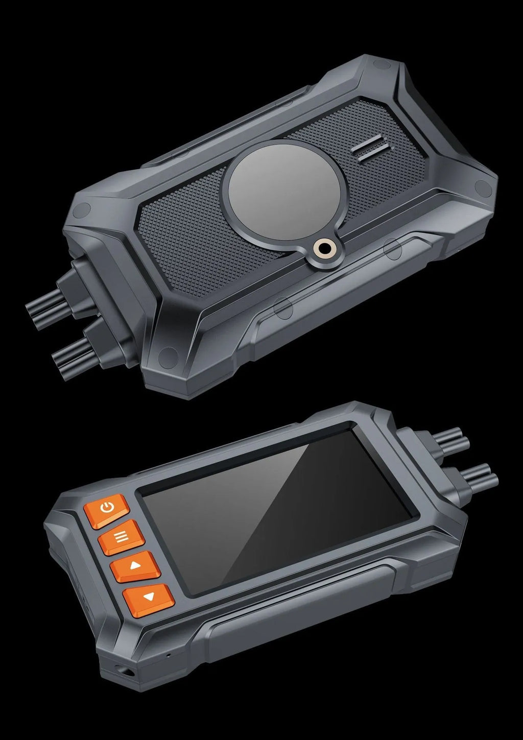 Motorcycle dashcam unit with dual lenses, 3-inch screen, GPS module, and wiring for ACC power connection.
