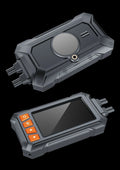 Motorcycle dashcam unit with dual lenses, 3-inch screen, GPS module, and wiring for ACC power connection.