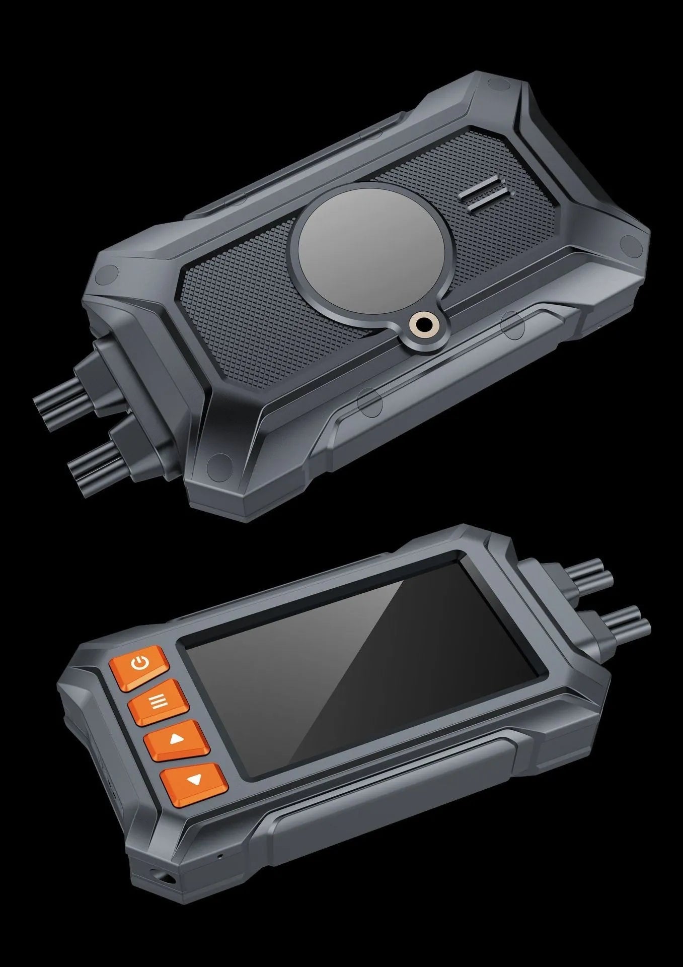Motorcycle dashcam unit with dual lenses, 3-inch screen, GPS module, and wiring for ACC power connection.