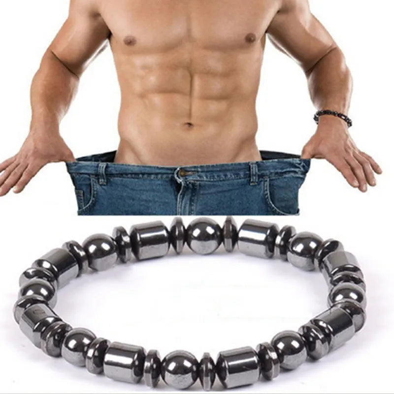 Black pentagram magnetic therapy bracelet with magnetite and hematite stones on stretch band