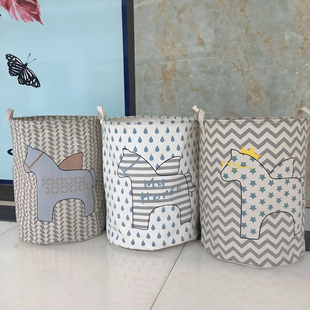Cotton linen storage bucket with five-pointed star and horse design in a home setting