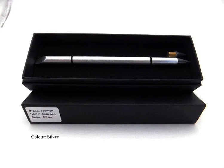 Inkless Metal Pen in silver, gold, rose gold, black, and blue finishes with spare nib and pen bag