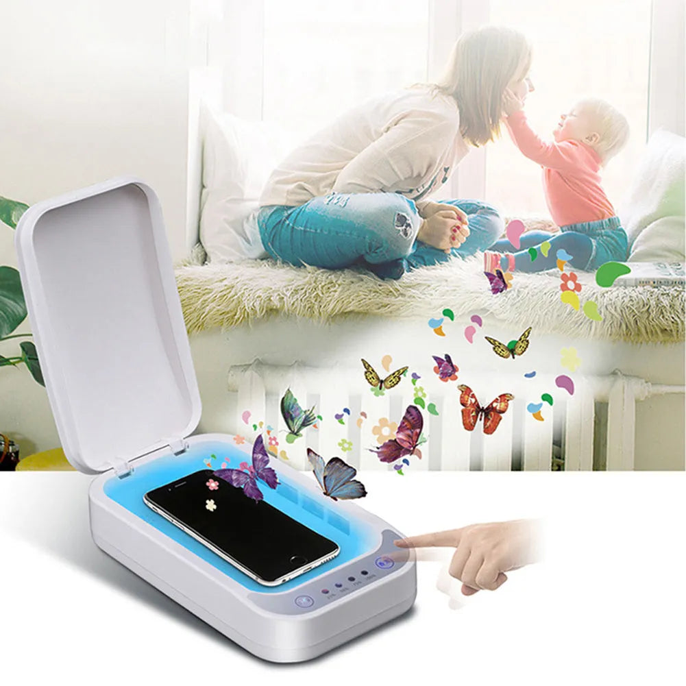 Blue and white ultraviolet disinfection box for mobile phones, showing internal chamber and control buttons.