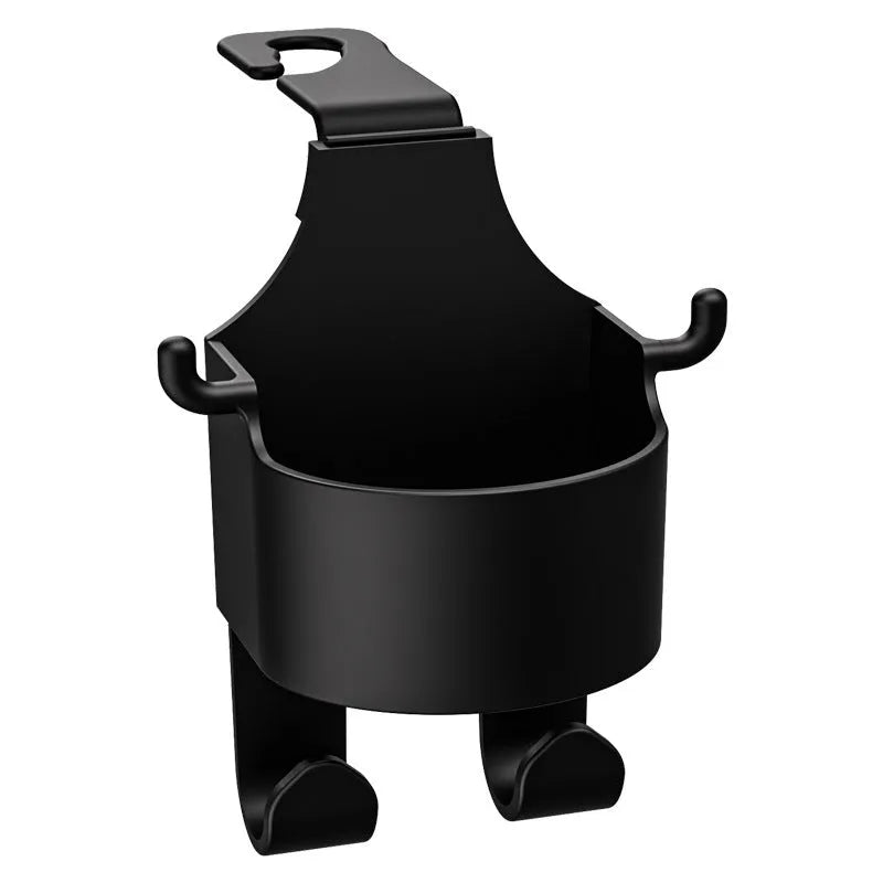 Black plastic car seat back organiser with a cup holder and a storage hook.
