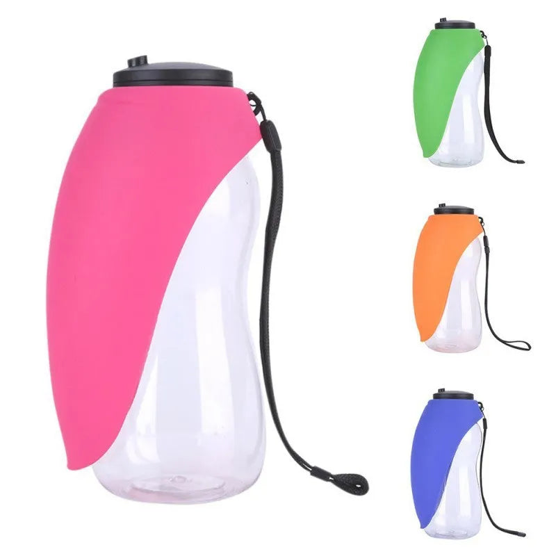 Portable pet water bottle with drinking bowl in blue, green, red, or orange colours