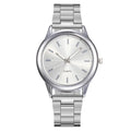 Women's quartz watch with 40mm alloy case, stainless steel strap, and glass dial in silver case with white face
