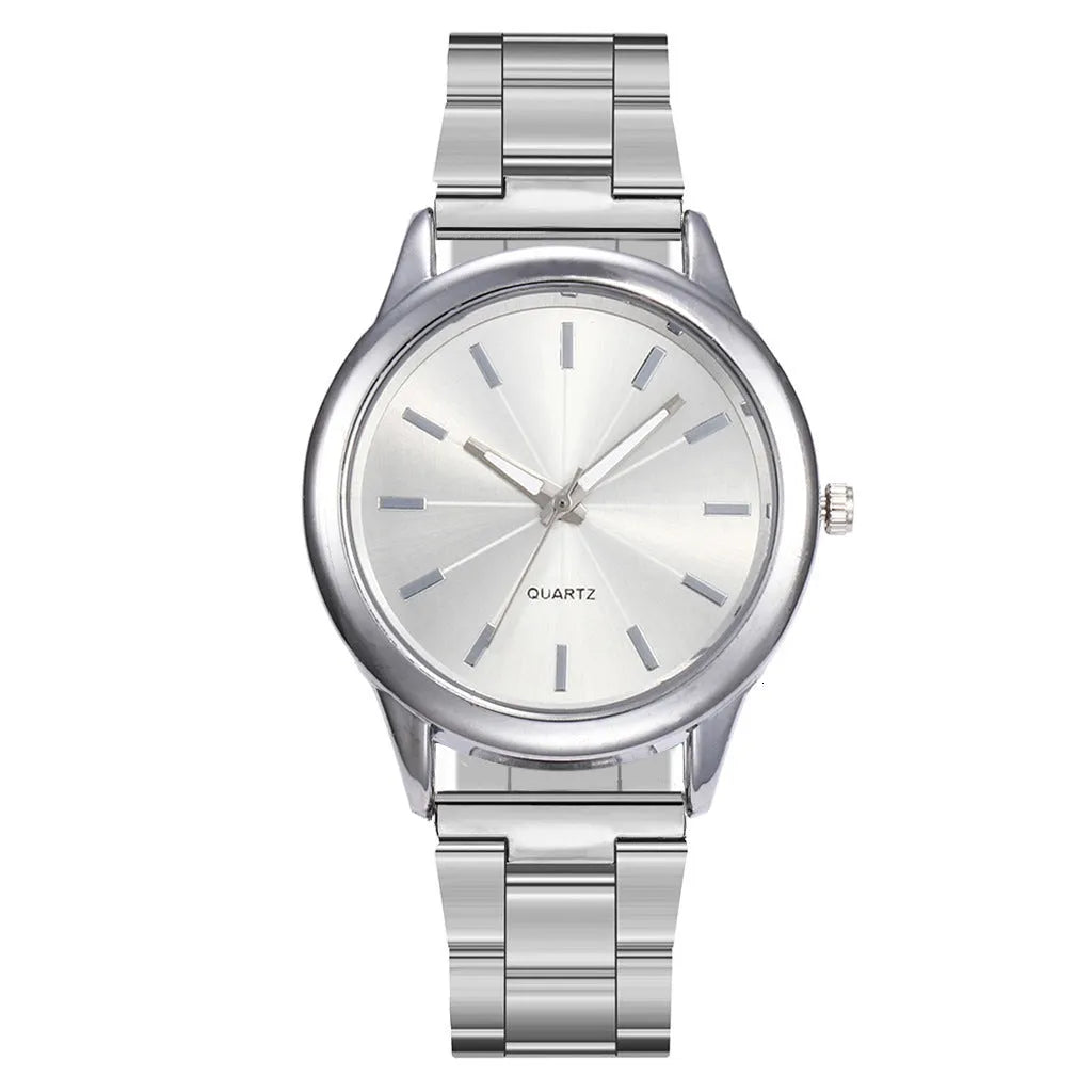 Women's quartz watch with 40mm alloy case, stainless steel strap, and glass dial in silver case with white face