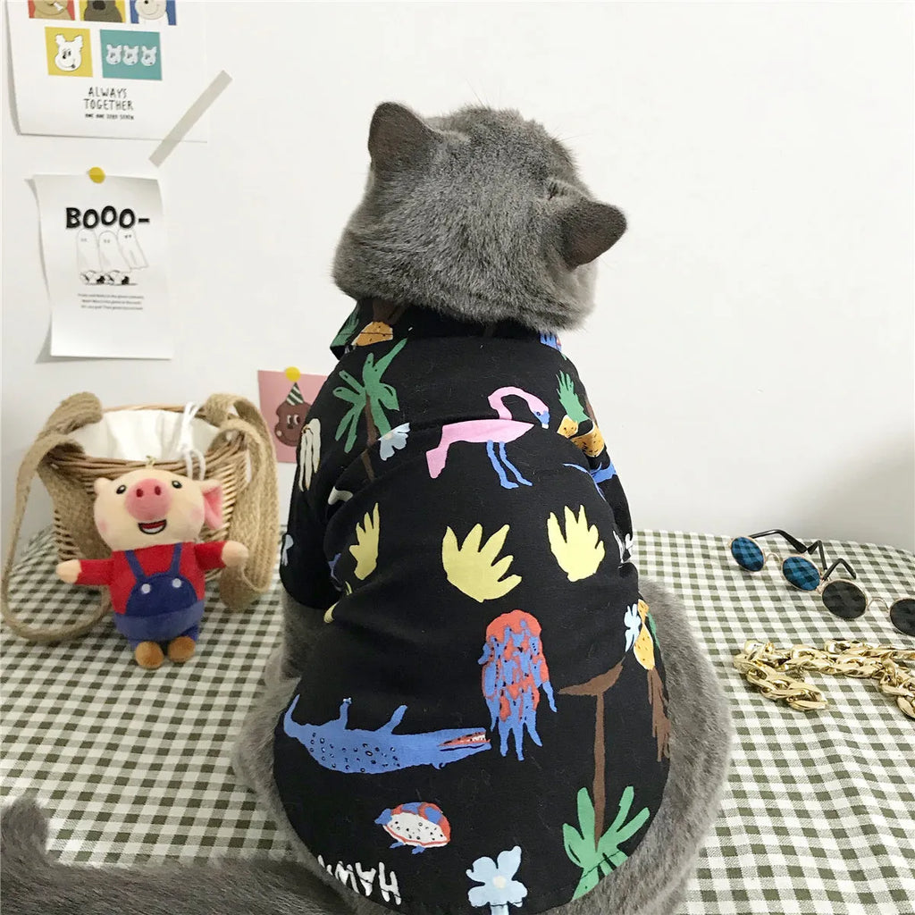 Summer thin cat shirt set with straw hat necklace and glasses on a cat