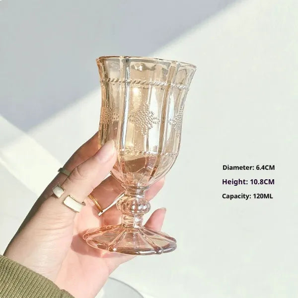 A medieval French simplicity design glass goblet showing colour variations like Bamboo Goblet and Blue Bottom Cup.