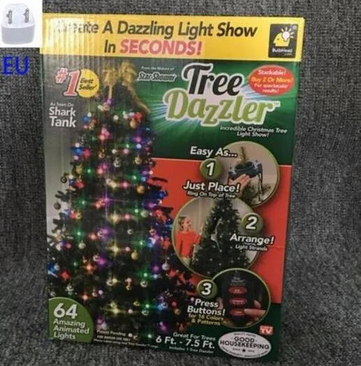 64-LED Christmas tree light string with colour-changing bulbs and integrated control button, 1.8 metres long with IP44 weather resistance