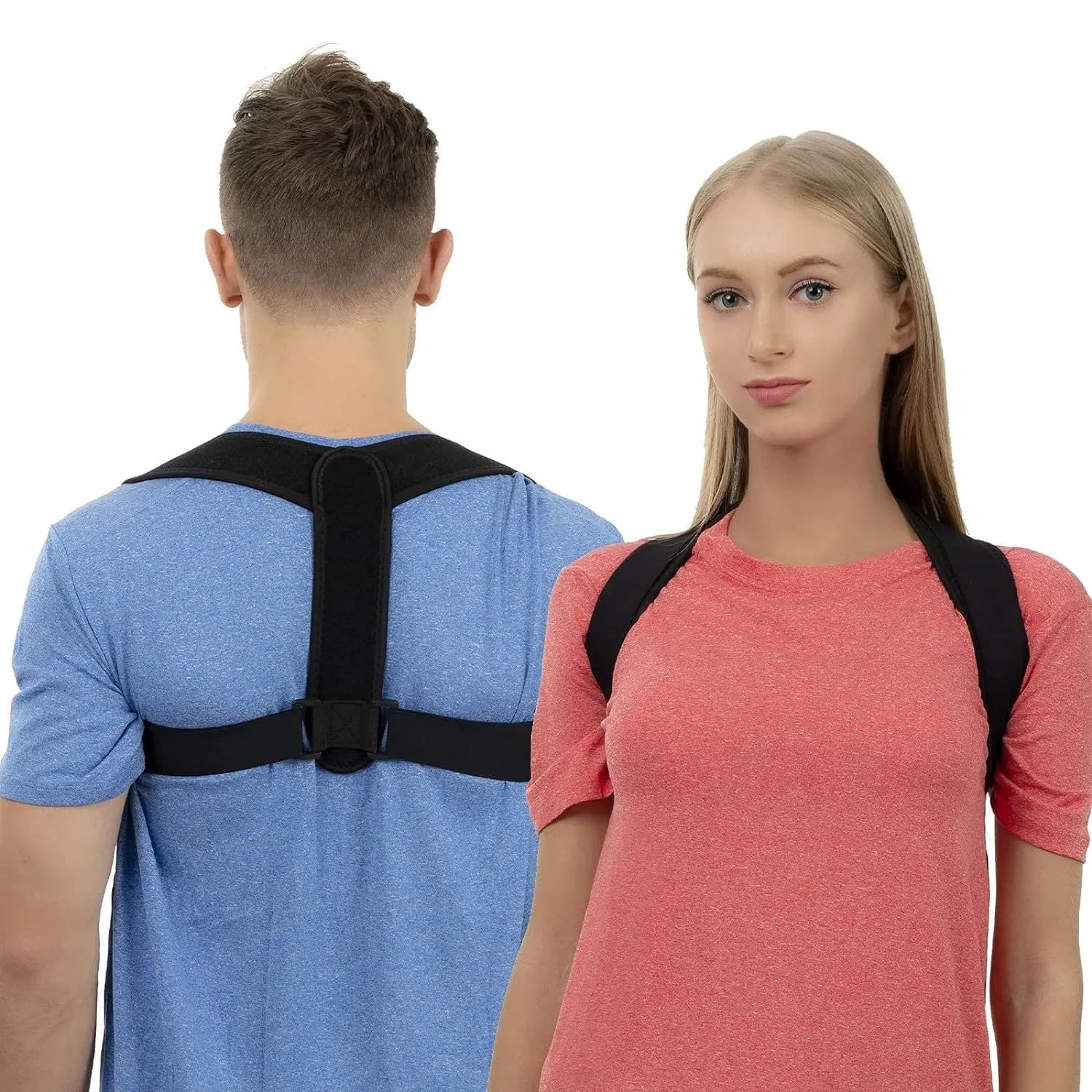 Black adjustable posture correction strap for back and shoulder support.