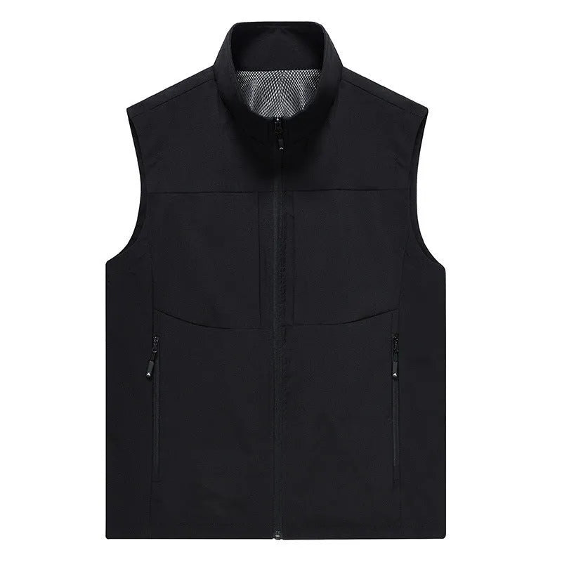 Men's loose fit stand collar cardigan vest in khaki colour with zipper pockets.
