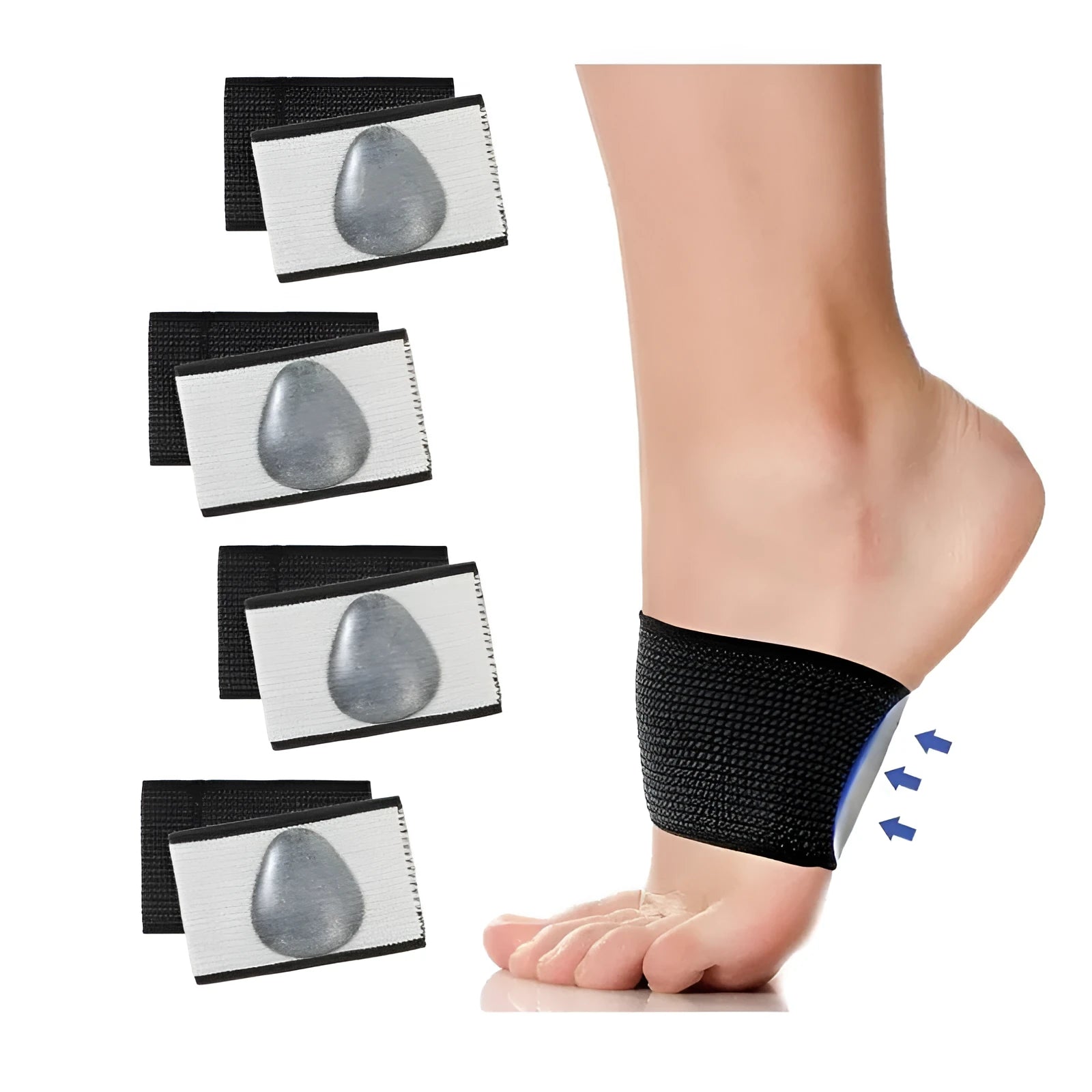 Elastic arch support foot bandage for flat feet in heart and plain styles.