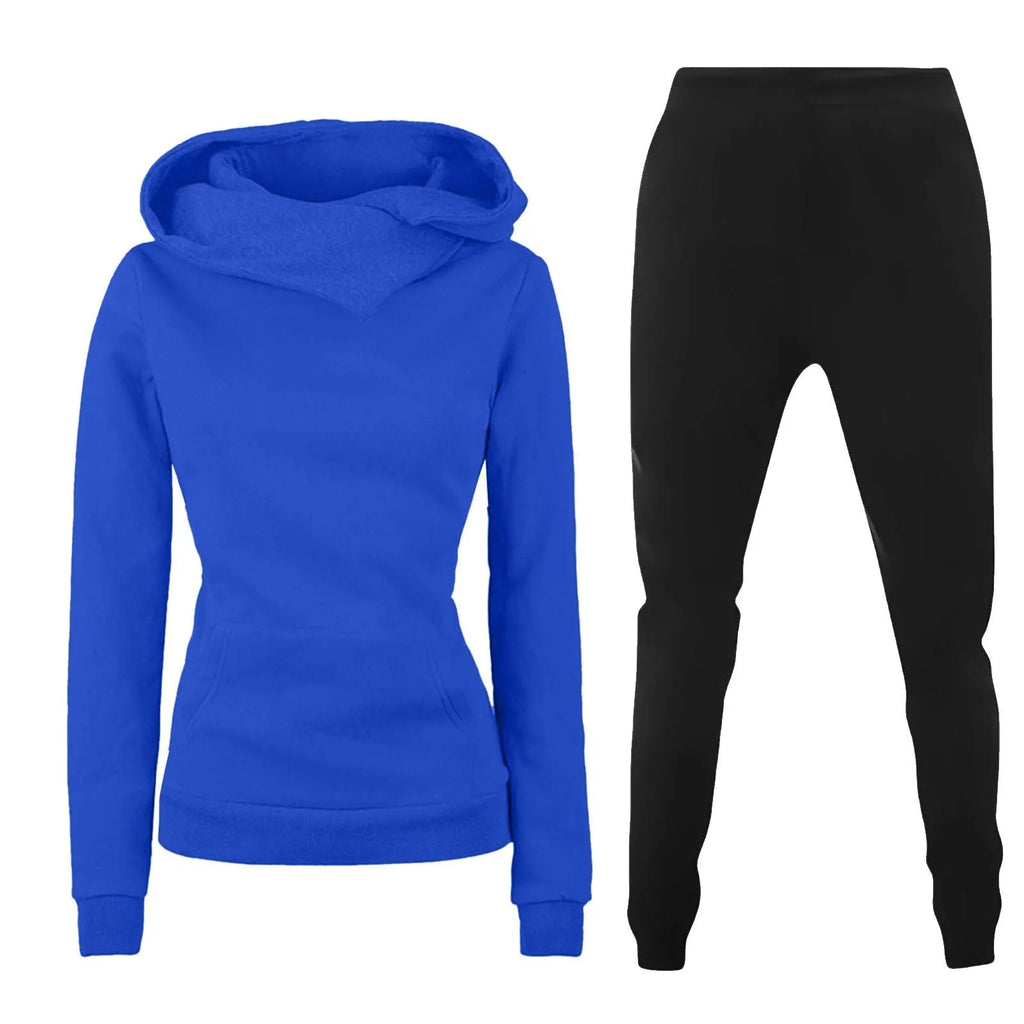 Ladies hooded sweater two-piece set in solid colour with long sleeves and jogger pants