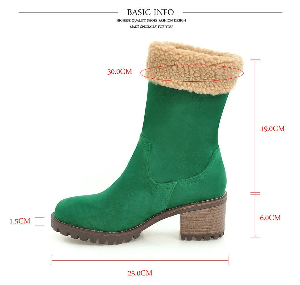 Waterproof snow boots with rubber sole and plush lining in black, grey, green, orange colours.