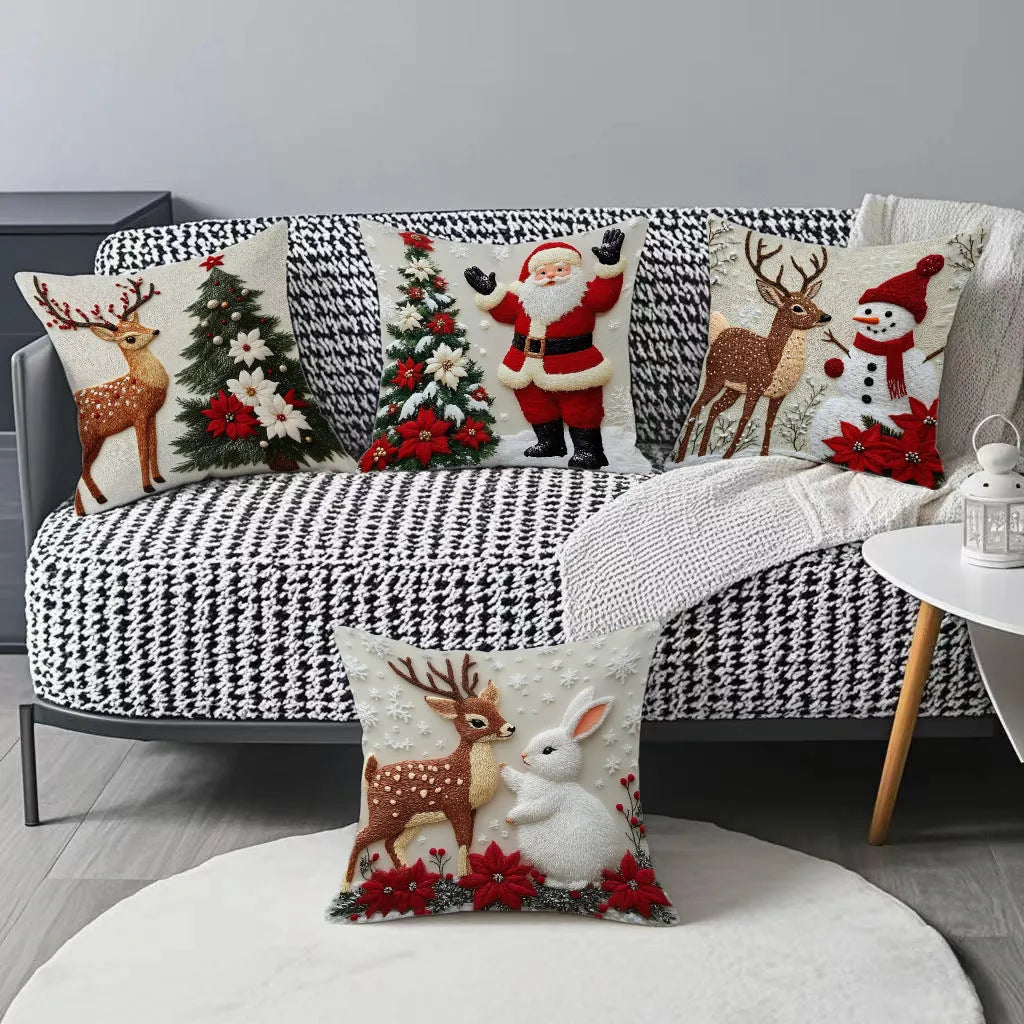 Christmas cushion cover 45x45cm with elk and rabbit print on linen-style fabric for sofa decoration