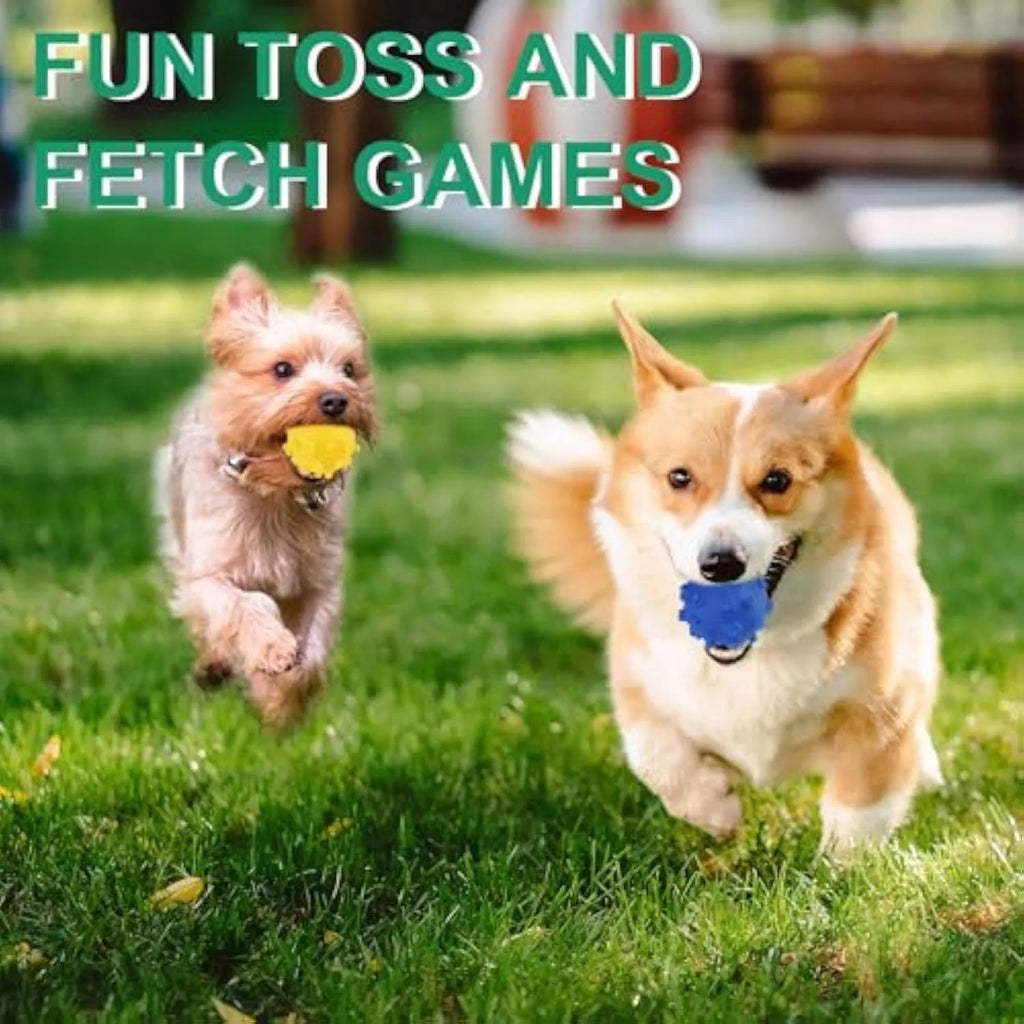 Set of four bright blue, green, pink, and yellow 2-inch squeaky dog toy balls with a textured, dimpled surface.