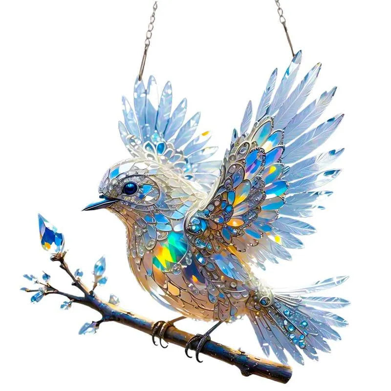 Acrylic bird pendant holiday decoration with UV-printed cartoon design on reinforced cardboard