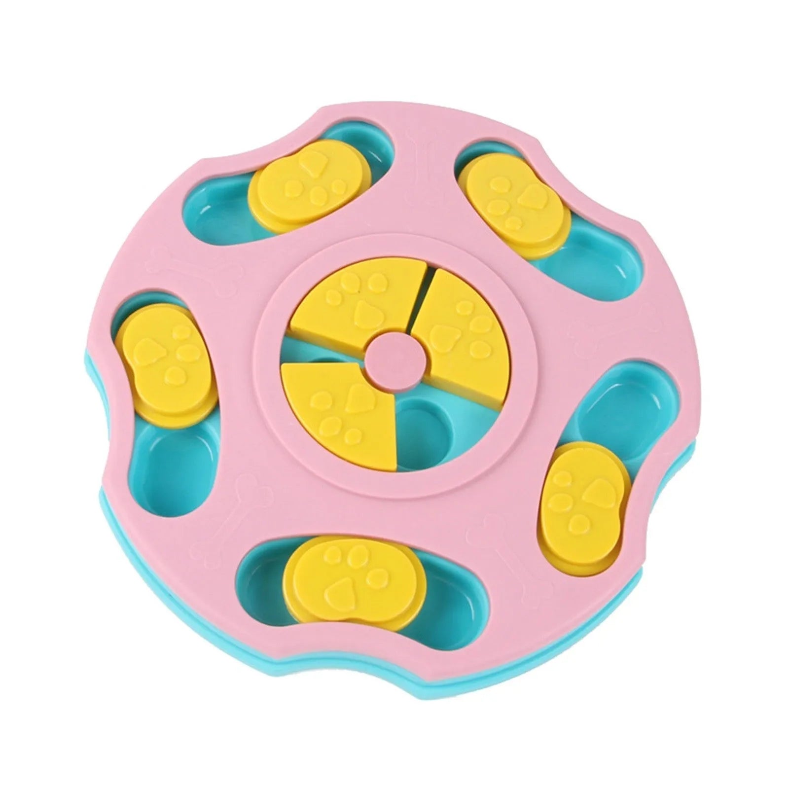 Blue and pink interactive dog puzzle feeder bowl for slowing fast eating and mental stimulation
