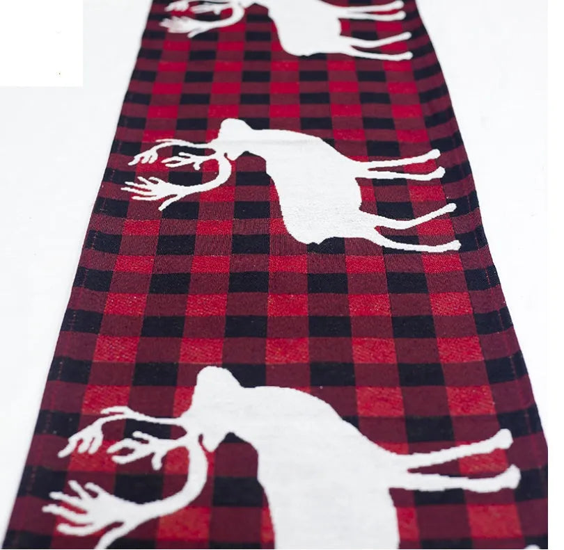 Christmas table runner with elk and snowman pattern on cotton linen fabric