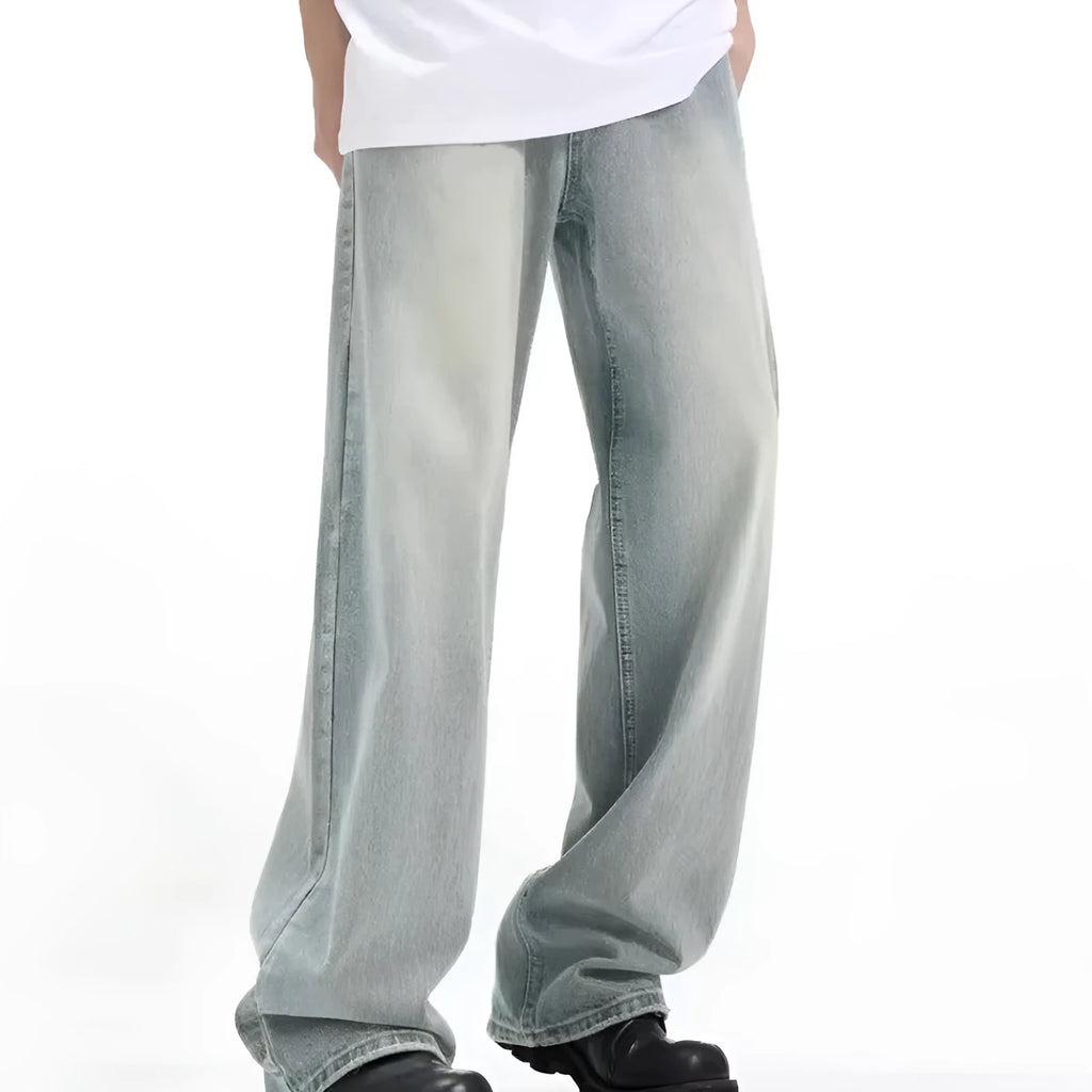 Blue loose-fit retro trousers made from rabbit fur fabric on a hanger.