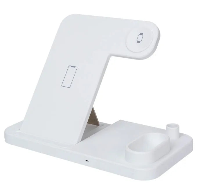 Black 4-in-1 wireless charging dock with phone on adjustable stand, Apple Watch, AirPods, and Apple Pencil charging simultaneously.