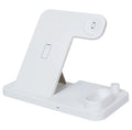 4-in-1 wireless charging station showing phone on adjustable stand, with Apple Watch, AirPods, and Apple Pencil on their charging spots.