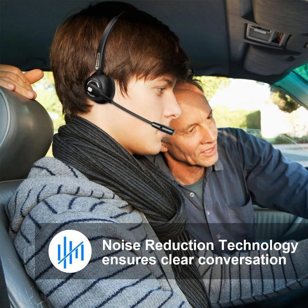 Over-ear Bluetooth headset with microphone, designed for truck drivers and office use with noise cancellation.
