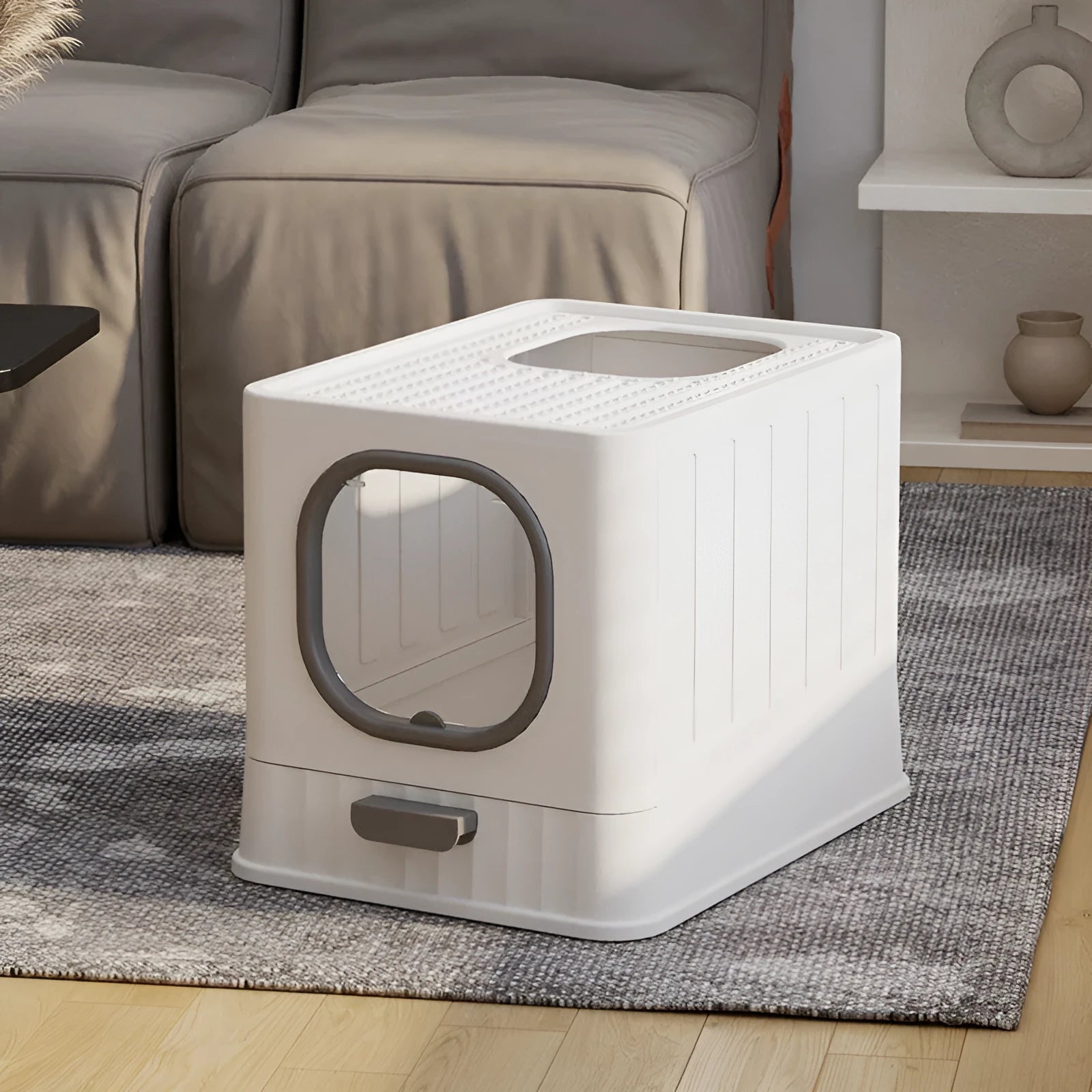 Fully enclosed plastic folding cat litter box in avian green, 51x38x39cm, with top closure
