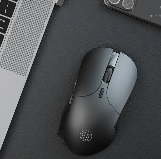 Black wireless voice mouse with six buttons, measuring 123x35x65.5mm