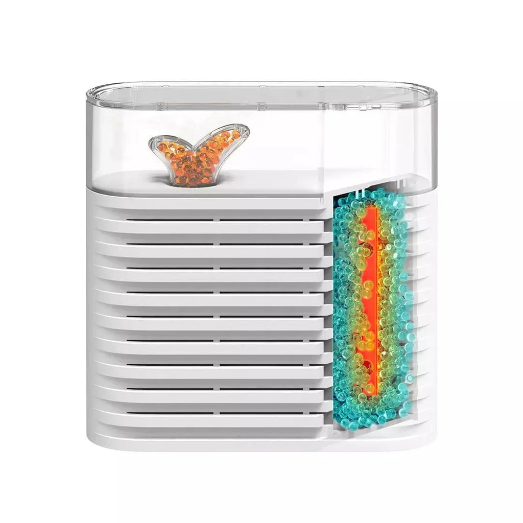 White reusable electric dehumidifier box with transparent top showing orange silica gel beads, for cabinets and wardrobes.