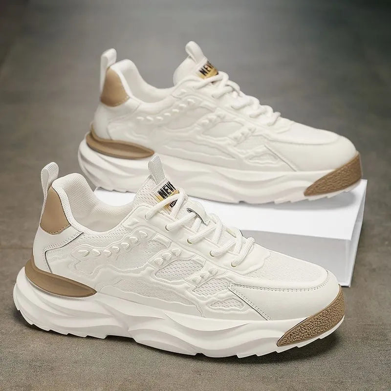 Men's solid colour breathable mesh shoes with round toe, shown in S078 White and S078 Black.