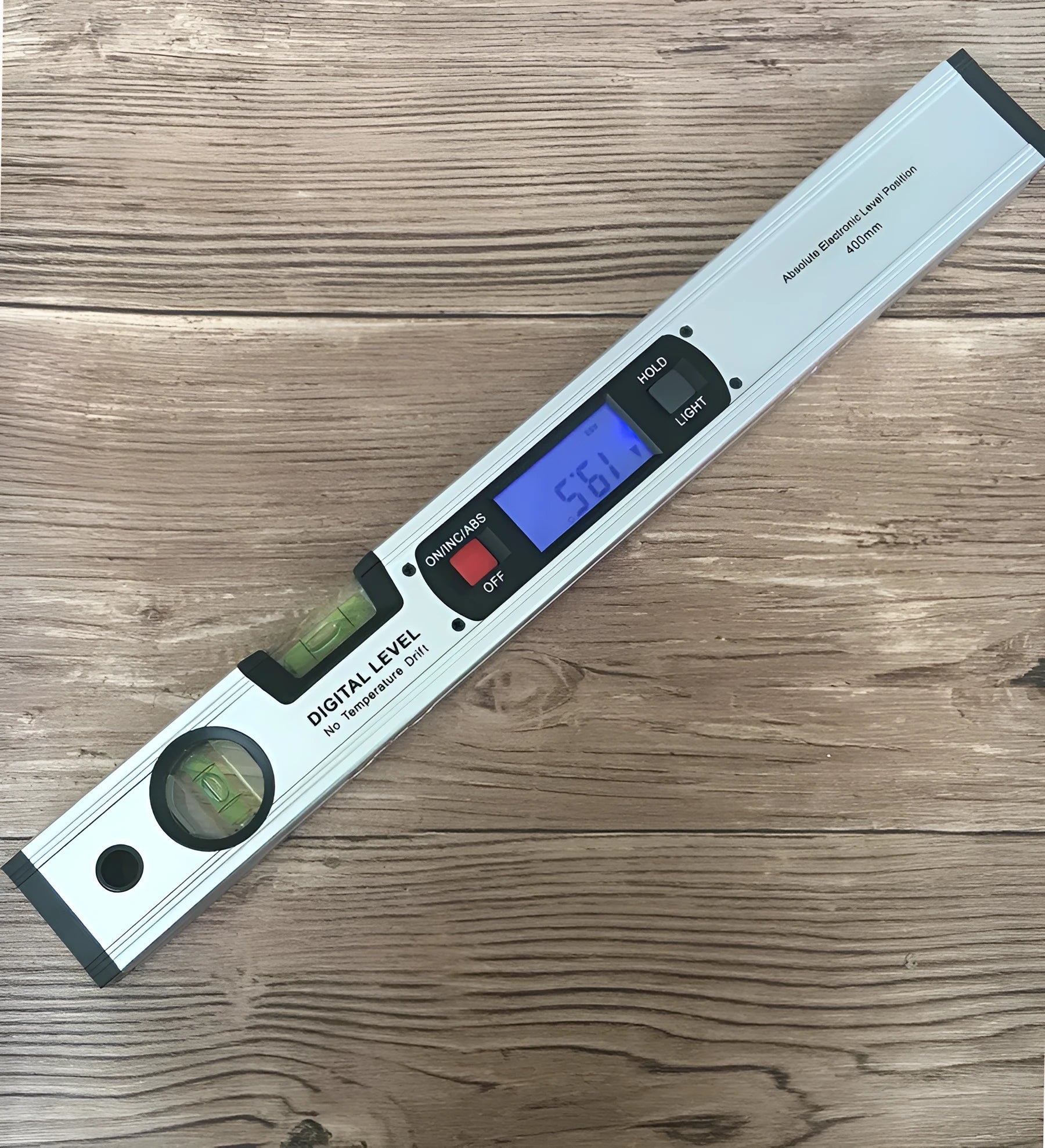 Digital magnetic angle meter with 400mm ruler, flip-up LCD screen, and 4 built-in magnets on black base