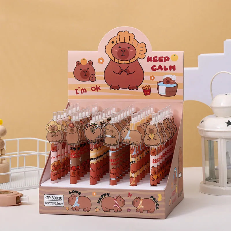 Box of 48 cartoon bear acrylic pressing pens with plastic shells and carbon black ink.