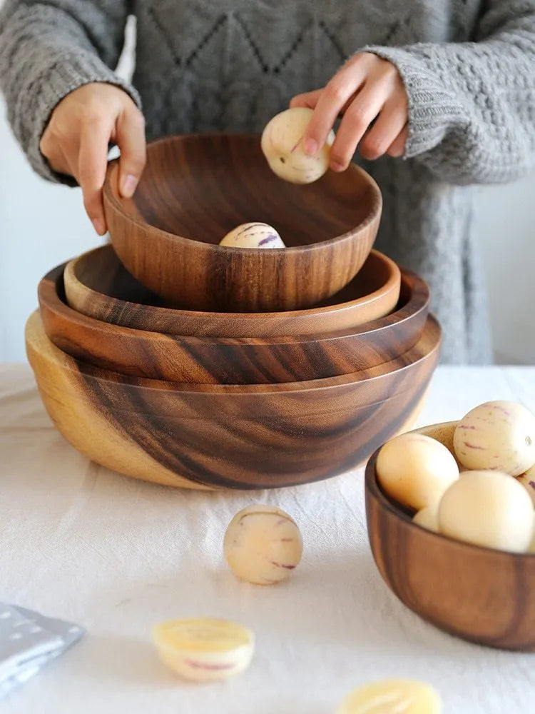 Brown wooden bowl handmade Japanese style with visible wood grain, available in multiple sizes from 8x6cm to 26x8cm.